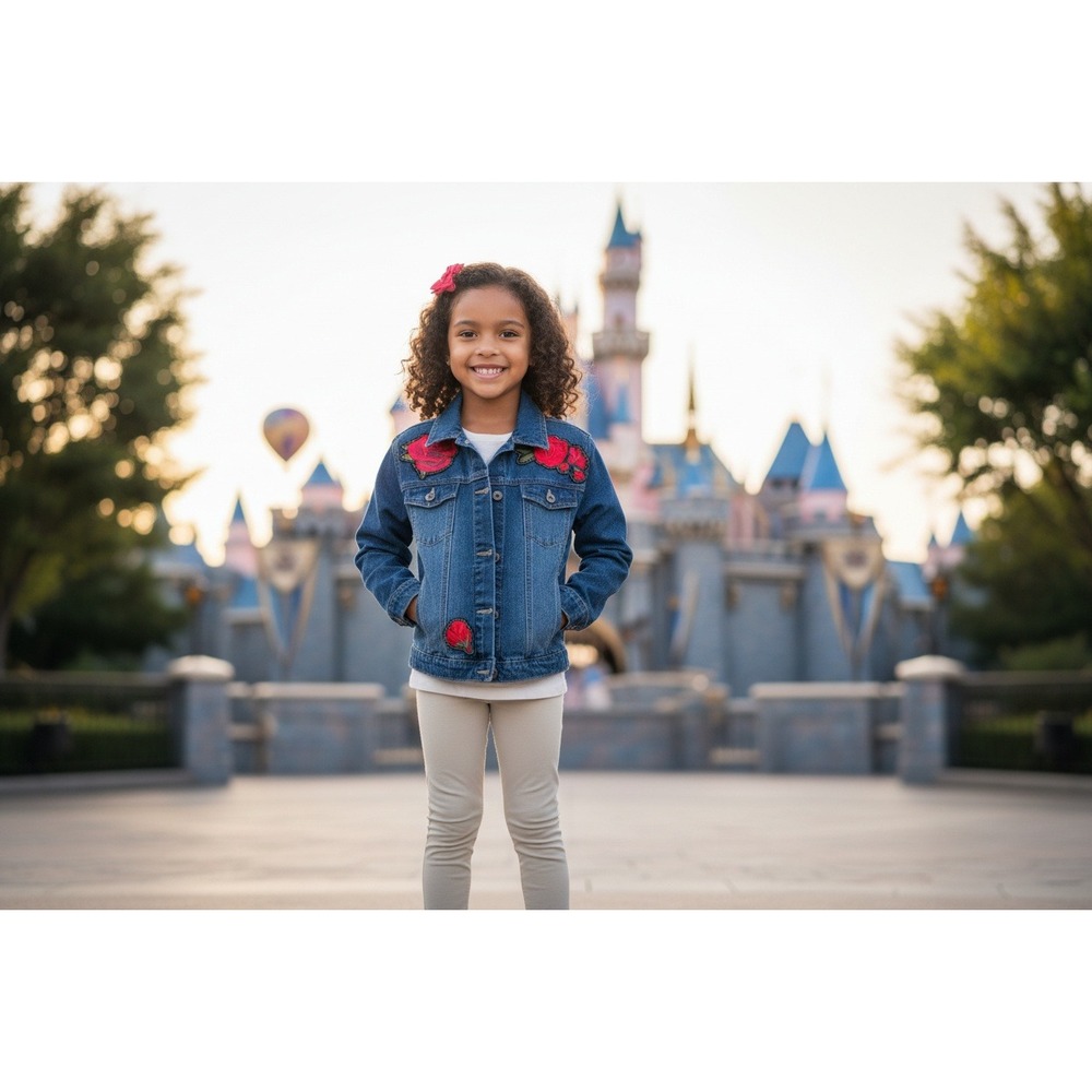 Disney ILY 4EVER Kids Girls Denim Jacket Rose Patches Blue Size 11/12